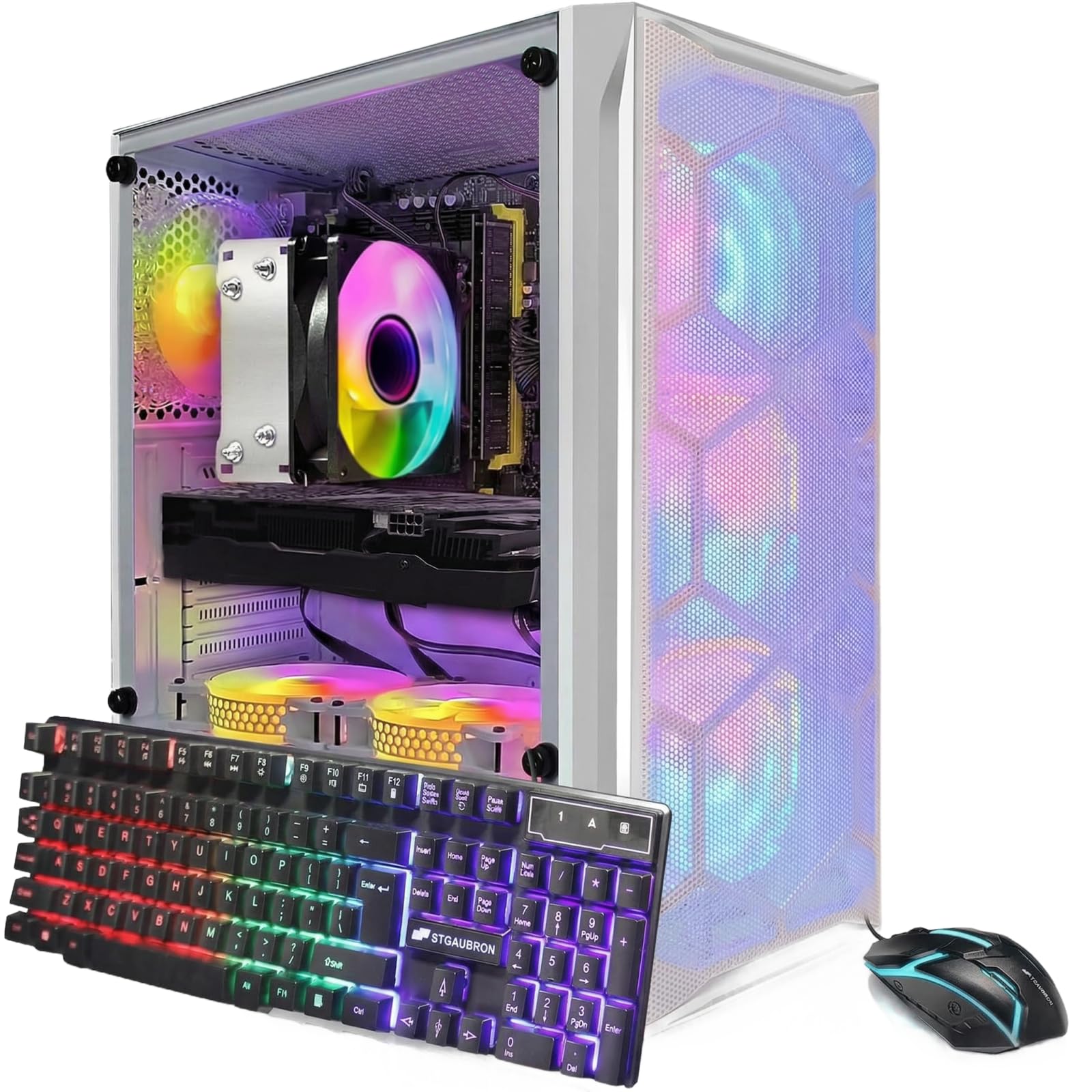 STGAubron Gaming PC Desktop, Intel i7 Xeon E5 3.0GHz, Radeon RX 550 4G, 16GB RAM, 512GB SSD, WiFi, BT 5.0, RGB Fan x 3, Windows 11 Home