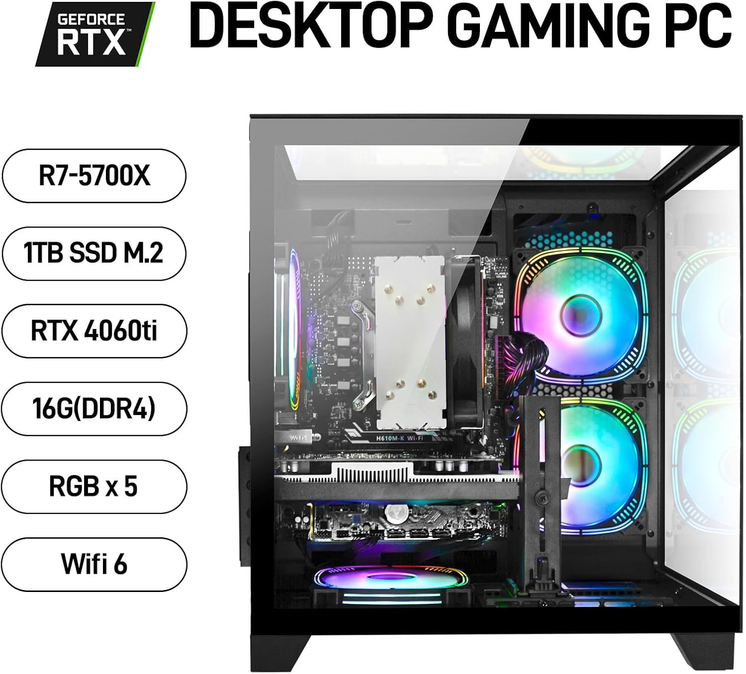 Gaming PC Desktop Ryzen 7 5700X, RTX 4060 Ti, 16GB DDR4 RAM, 1TB SSD, DDR4 RAM, Prebuilt Tower Computer for Gaming, Home (Black)