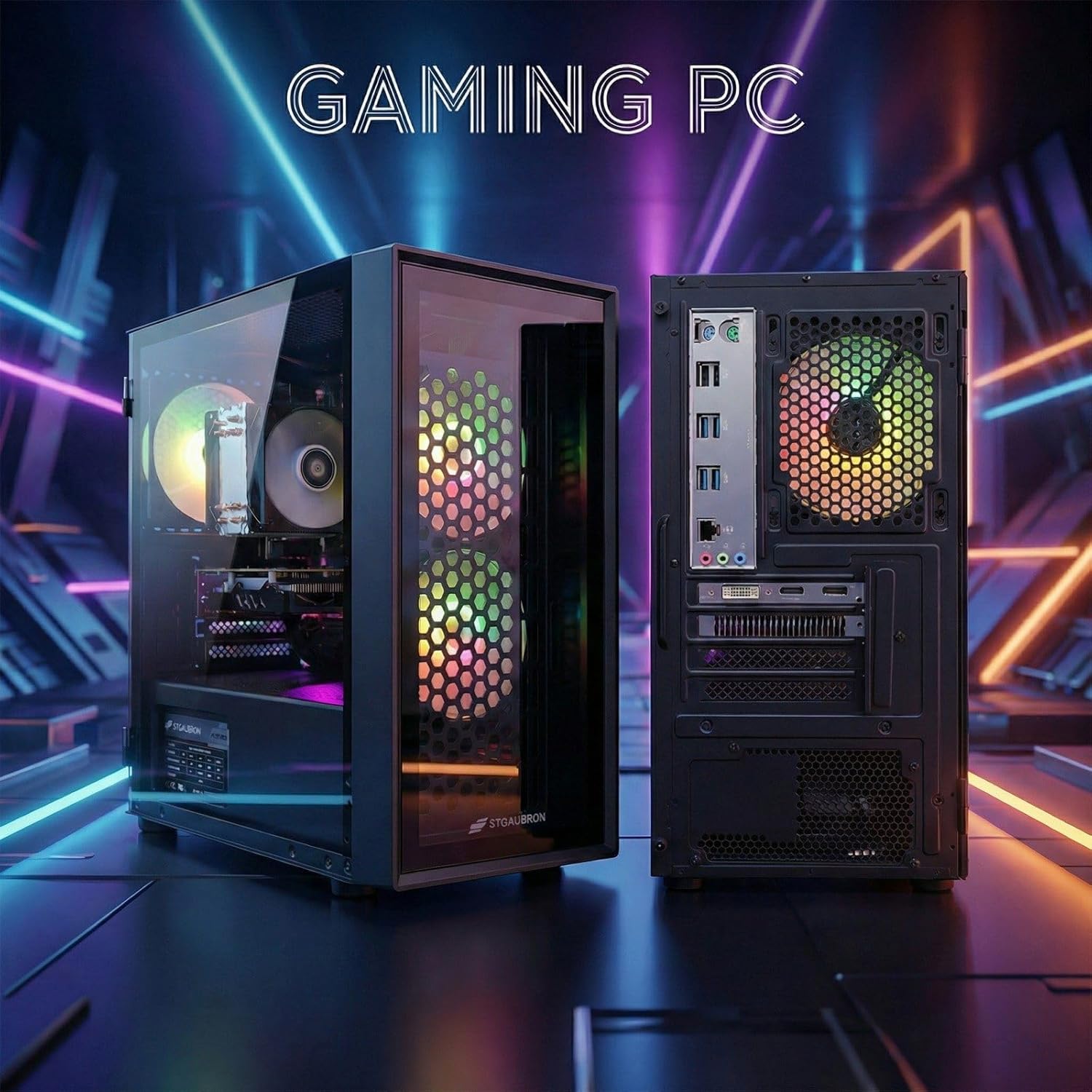 STGAubron Gaming PC Desktop, Intel i7 Xeon E5 3.0GHz, Radeon RX 550 4G, 16GB RAM, 512GB SSD, WiFi, BT 5.0, RGB Fan x 3, Windows 11 Home