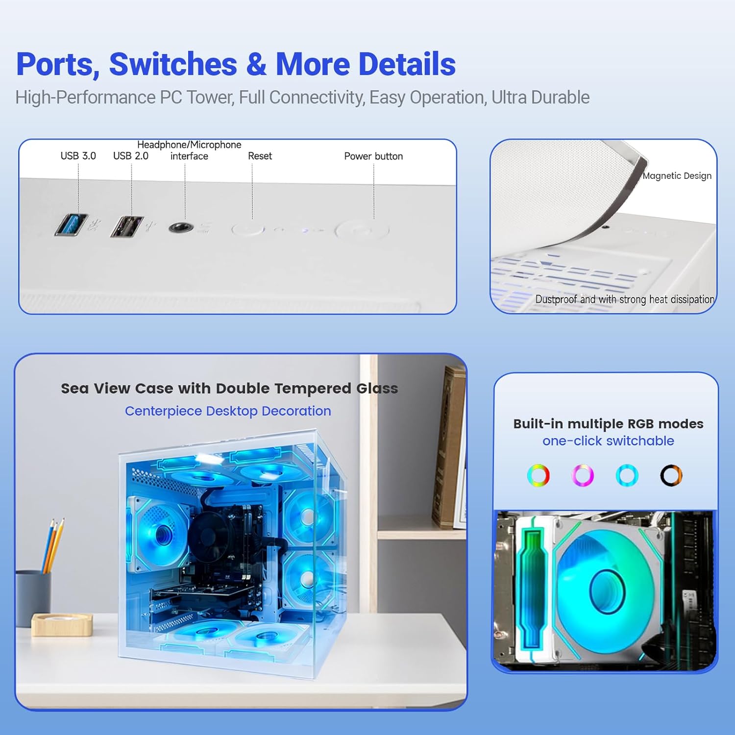 Prebuilt Desktop PC,Core i7 Processor Up to 4.0GHZ | 16G RAM | 256G SSD | WiFi 6 | 7 RGB Fans | Ready to use Computer Tower for Home and Office-White