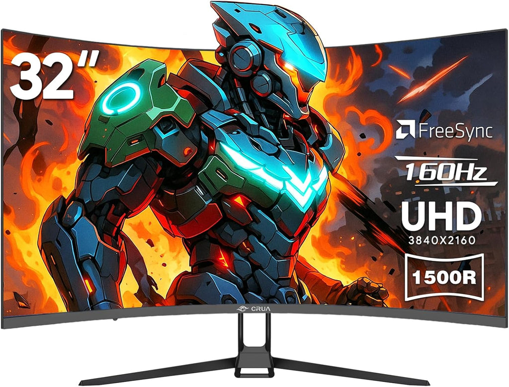 CRUA 32" Curved Gaming Monitor, 4k UHD(3840 * 2160P) VA Screen, 1500R, 144Hz/160Hz Computer Moniter, Supports AMD Freesync, 120% sRGB, Built-in Speakers, Wall Mountable Installs(HDMI 2.1/DP 1.4)-Black