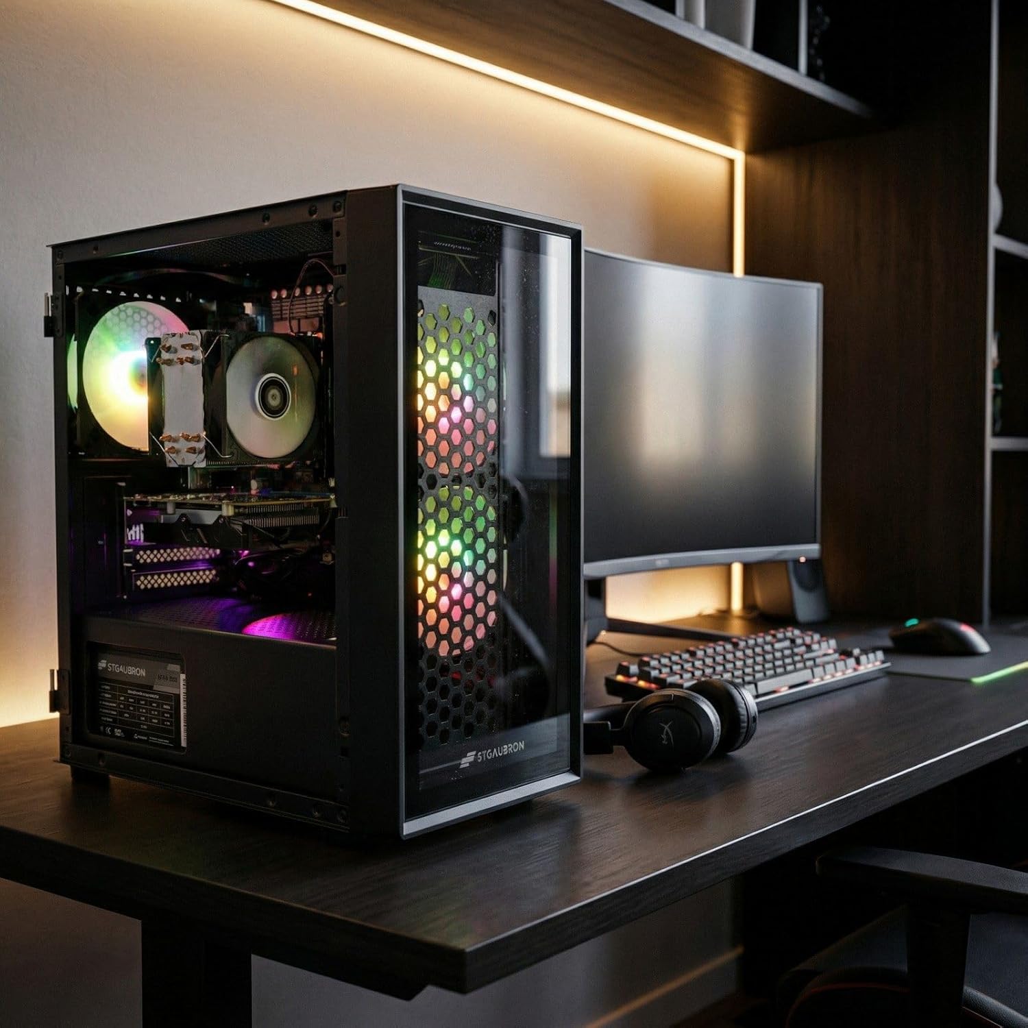 STGAubron Gaming PC Desktop, Intel i7 Xeon E5 3.0GHz, Radeon RX 550 4G, 16GB RAM, 512GB SSD, WiFi, BT 5.0, RGB Fan x 3, Windows 11 Home