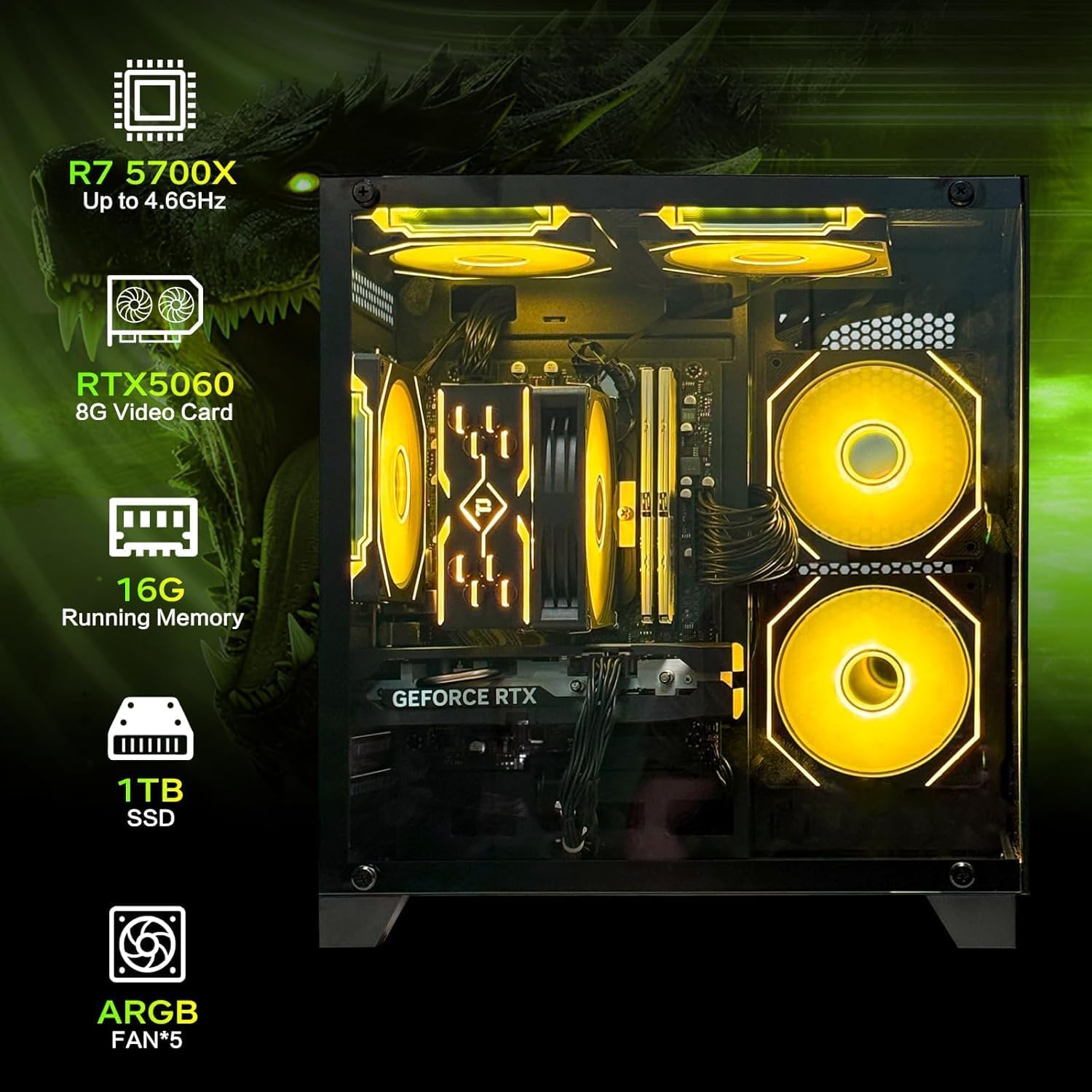 AEXPXO Prebuilt Gaming PC Desktop, AMD Ryzen 7 5700X, RTX 5060 8GB GDDR7, 16GB DDR4 3200MHz, 1TB NVMe SSD, ARGB Cooler, WiFi, 550W Bronze PSU, Gaming Computer for Gaming Streaming & Content Creation