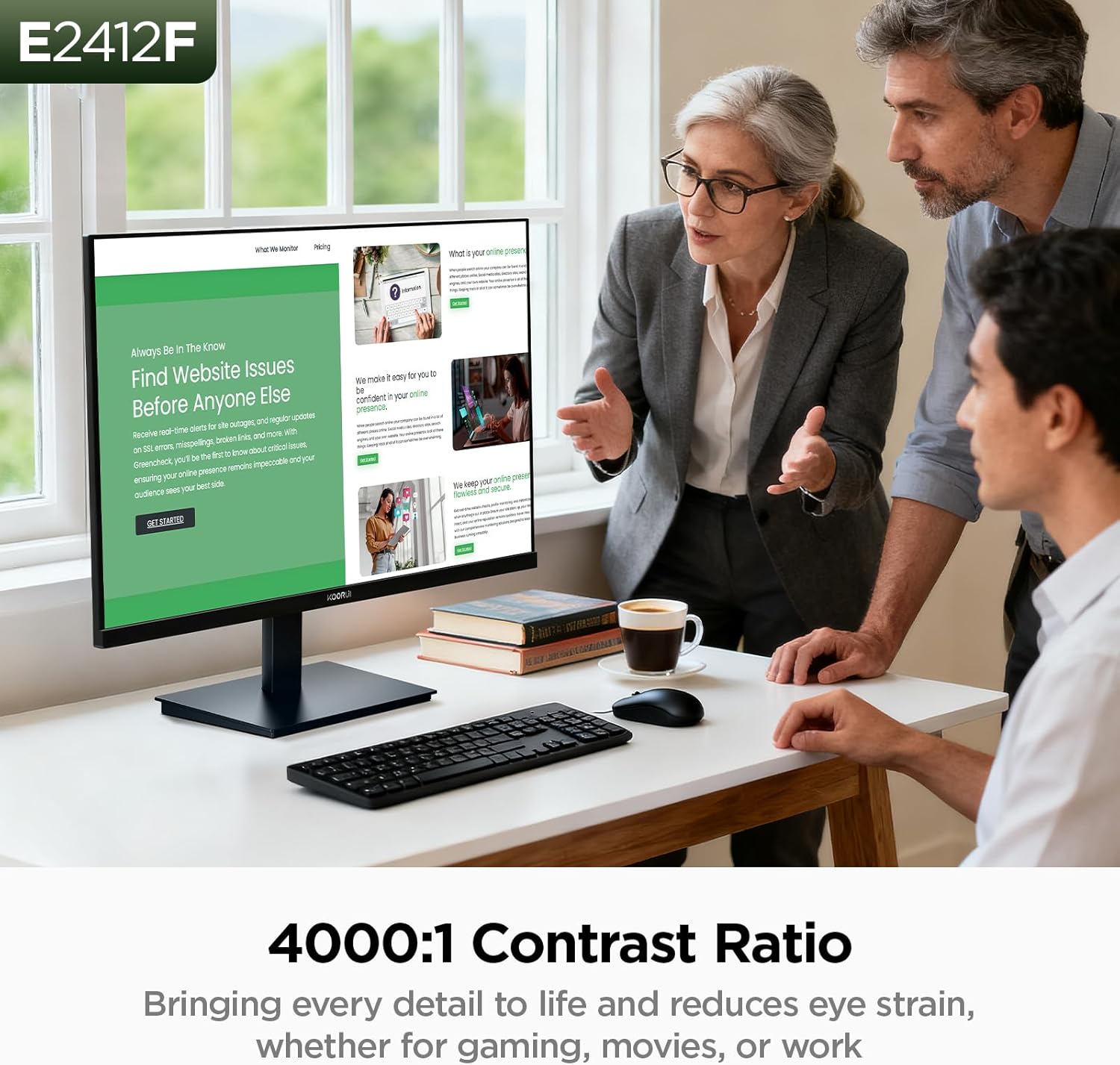 KOORUI 24-inch Computer Monitor Full HD 1920 x 1080p 100Hz VA Display 4000:1 Contrast Ratio with HDMI VGA, TÜV Rheinland Certified, 100 x 100 mm VESA Mountable, Ultra-Slim Design, Tilt, Black, E2412F