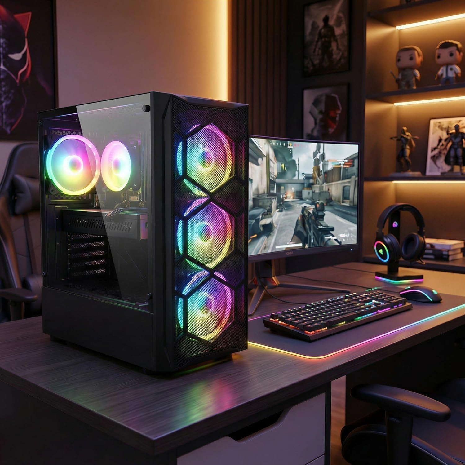 STGAubron Gaming PC Desktop, Intel Core i7 up to 3.9G, Radeon RX 580 8G, 16GB RAM, 512GB SSD, WiFi 6, BT 5.0, RGB Fan x 4, Windows 11 Home
