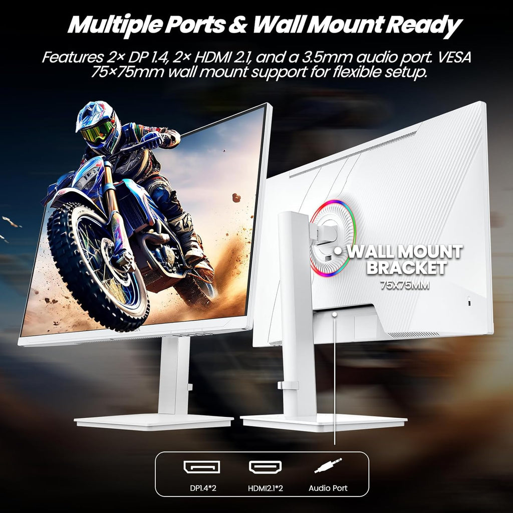 CRUA 27" Gaming Monitor, 144Hz 4K UHD(3840*2160P) IPS Screen, Supports Height/Pivot/Rotating/Tilt Adjustable Vertical Monitor, AMD Freesync, 120% sRGB, Built-in Speakers, Wall Mountable Installs-White