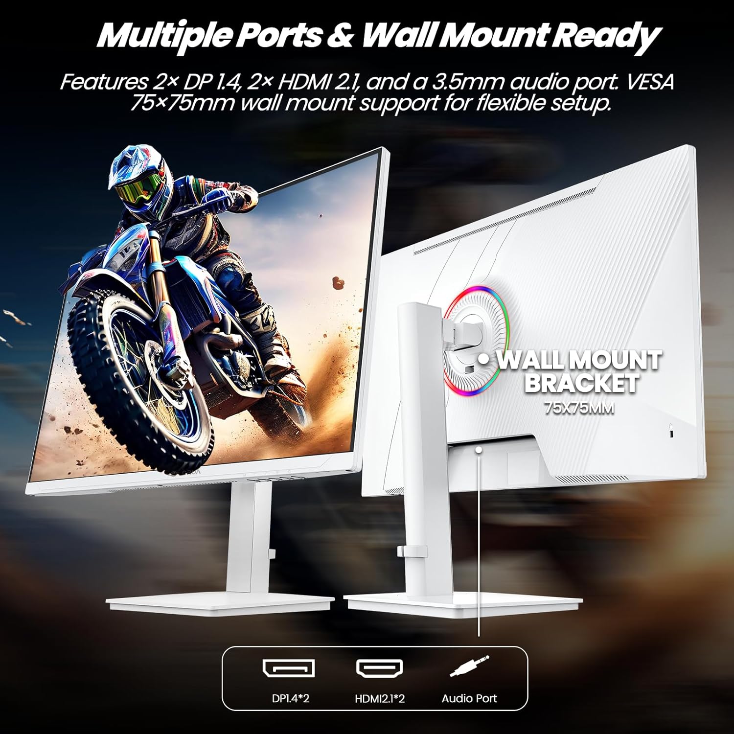 CRUA 27" Gaming Monitor, 144Hz 4K UHD(3840*2160P) IPS Screen, Supports Height/Pivot/Rotating/Tilt Adjustable Vertical Monitor, AMD Freesync, 120% sRGB, Built-in Speakers, Wall Mountable Installs-White