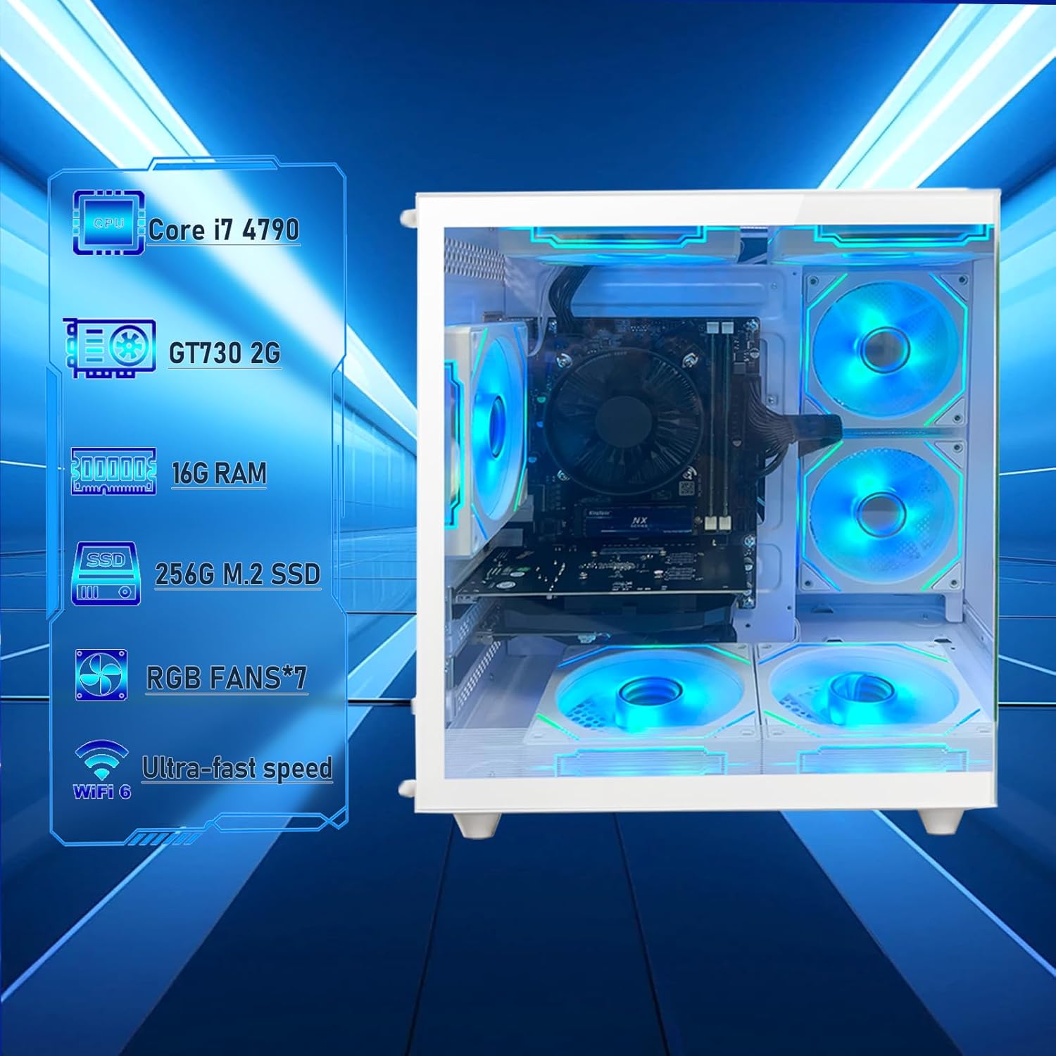 Prebuilt Desktop PC,Core i7 Processor Up to 4.0GHZ | 16G RAM | 256G SSD | WiFi 6 | 7 RGB Fans | Ready to use Computer Tower for Home and Office-White