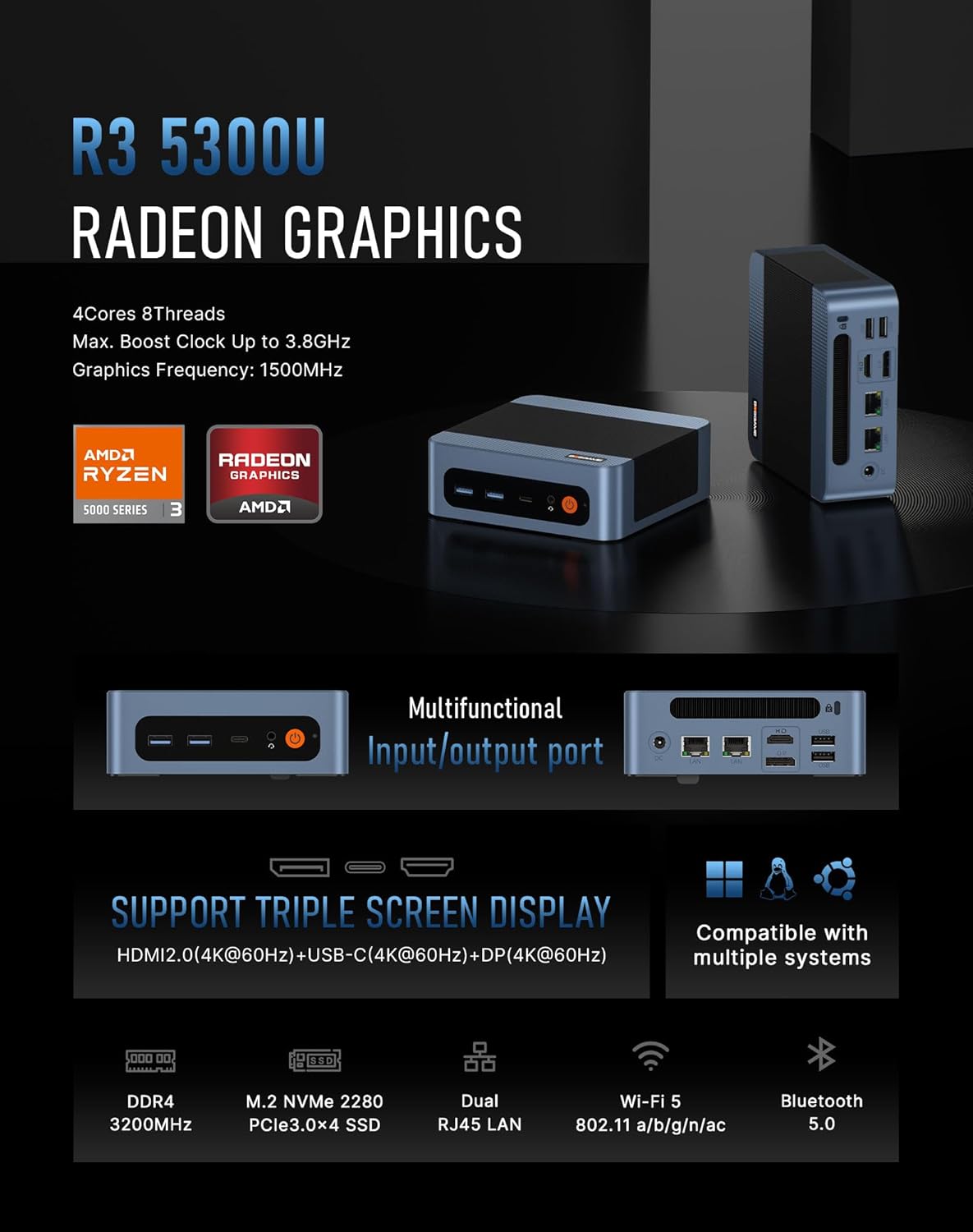 BOSGAME E5 Multi-Functional Mini PC, Ryzen 3 5300U 4-core 8-Thread, 11 Pro Dual LAN Desktop Computers, 16GB DDR4 1TB PCIe 3.0 SSD, Triple Displays HDMI 2.0x1, DisplayPortx1, USB-C x1, Wi-Fi 5, BT 5.0