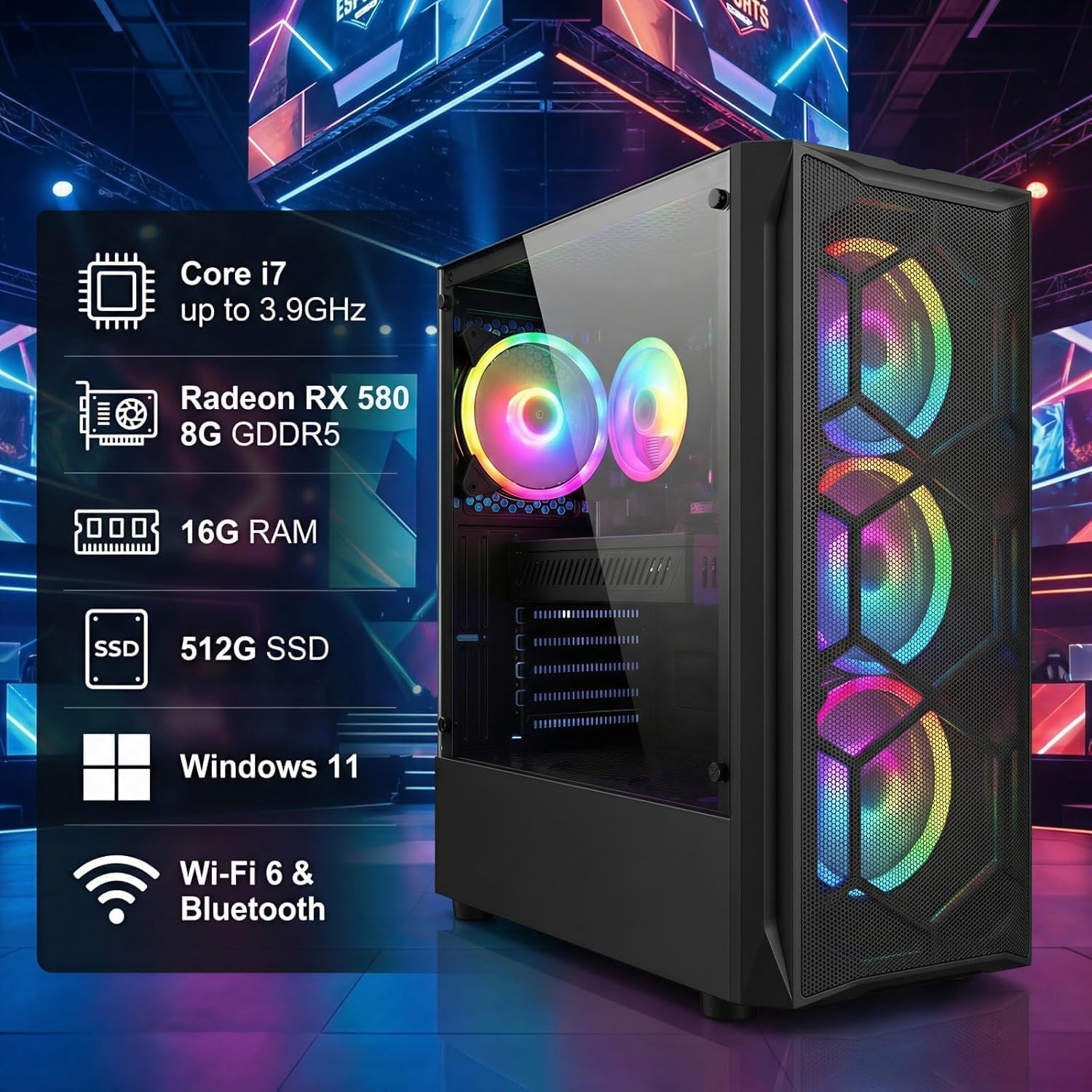 STGAubron Gaming PC Desktop, Intel Core i7 up to 3.9G, Radeon RX 580 8G, 16GB RAM, 512GB SSD, WiFi 6, BT 5.0, RGB Fan x 4, Windows 11 Home
