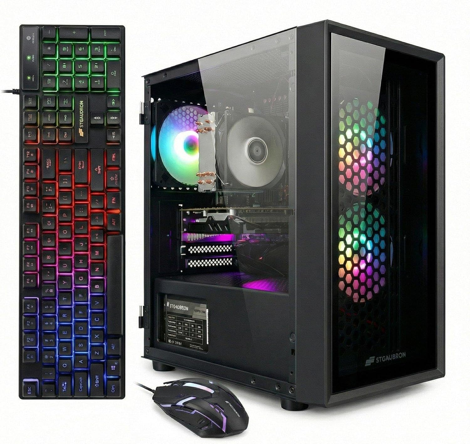 STGAubron Gaming PC Desktop, Intel i7 Xeon E5 3.0GHz, Radeon RX 550 4G, 16GB RAM, 512GB SSD, WiFi, BT 5.0, RGB Fan x 3, Windows 11 Home