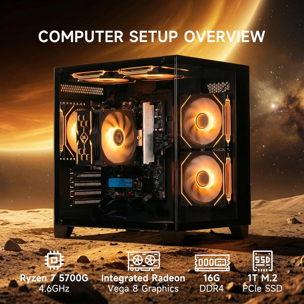 ALCPOK Gaming PC Desktop, AMD Ryzen 7 5700G 3.8GHz, 16GB DDR4 3200MHz RAM, 1TB NVMe SSD, 550W Bronze Power Supply, ARGB Fans,Tower Computer for Office,Light Gaming,Photo Editing