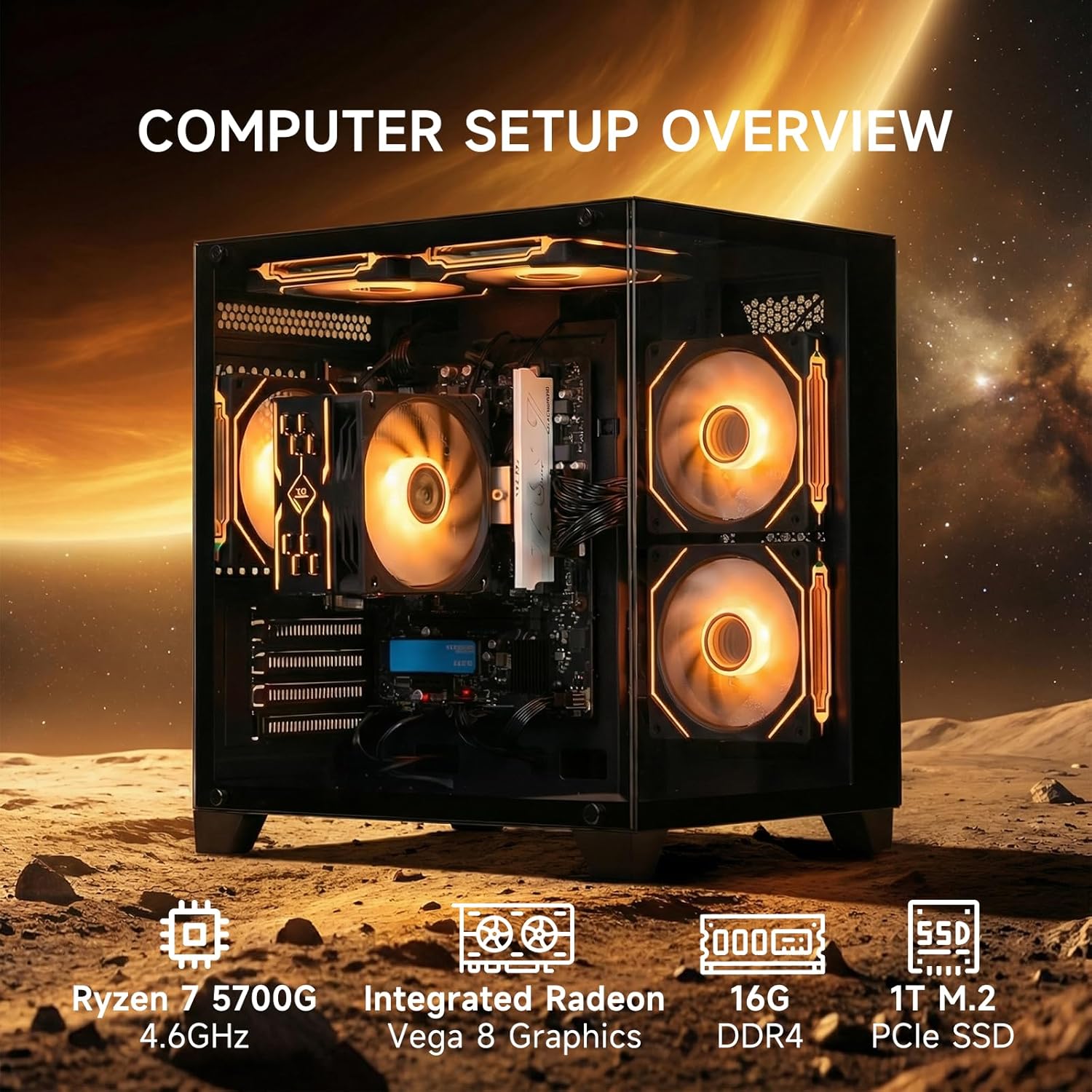 ALCPOK Gaming PC Desktop, AMD Ryzen 7 5700G 3.8GHz, 16GB DDR4 3200MHz RAM, 1TB NVMe SSD, 550W Bronze Power Supply, ARGB Fans,Tower Computer for Office,Light Gaming,Photo Editing
