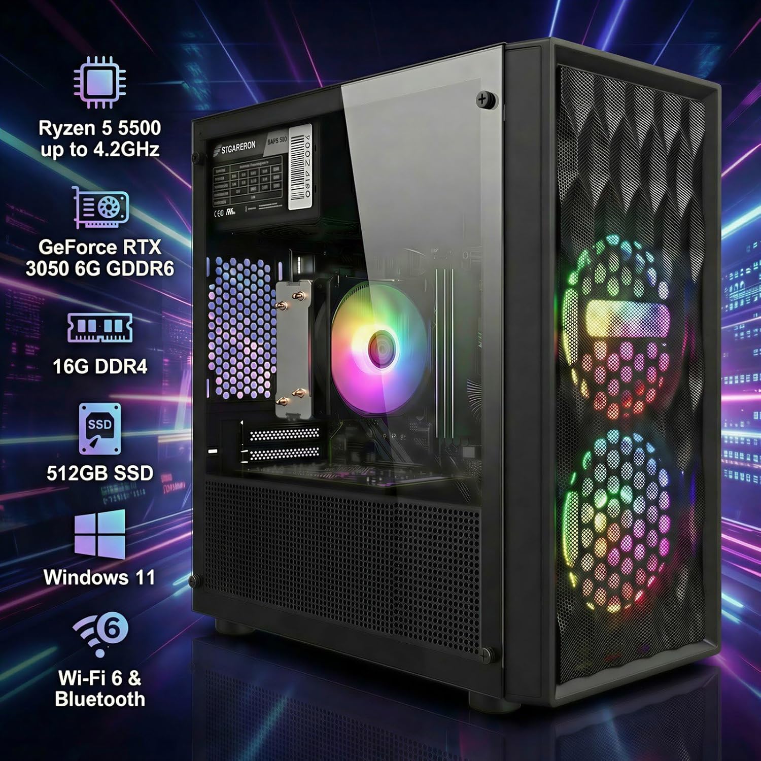 STGAubron Gaming PC Desktop Computer, AMD Ryzen 5 5500 up to 4.2GHz, GeForce RTX 3050 6G, 16GB DDR4, 512G SSD, WiFi 6 & BT 5.0, RGB Fan x 2, Windows 11 Home