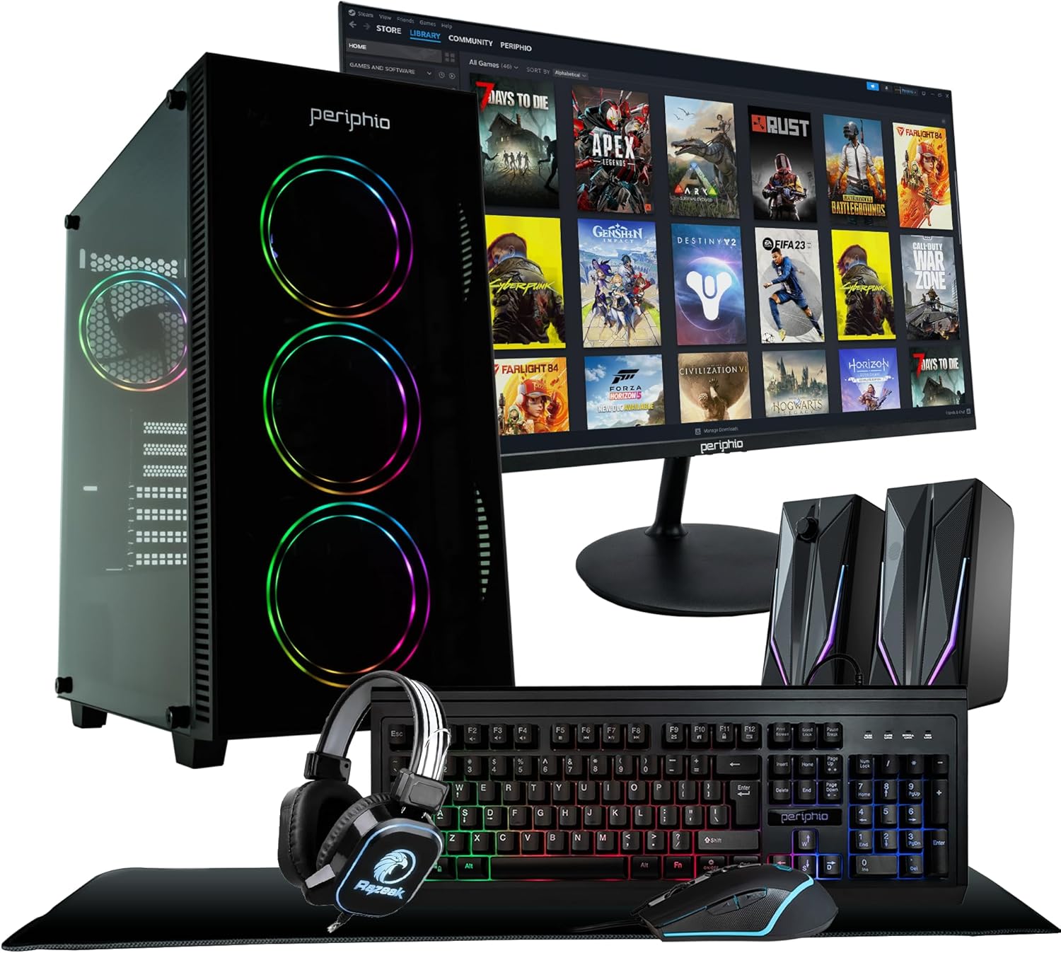Periphio Terra Gaming PC Computer, AMD Ryzen 5 5600GT up to 4.6GHz with Radeon Vega 7 Graphics, 16GB RAM, 1TB NVMe SSD, WiFi, Windows 11, Black Desktop with RGB Gaming Bundle, 24" Monitor
