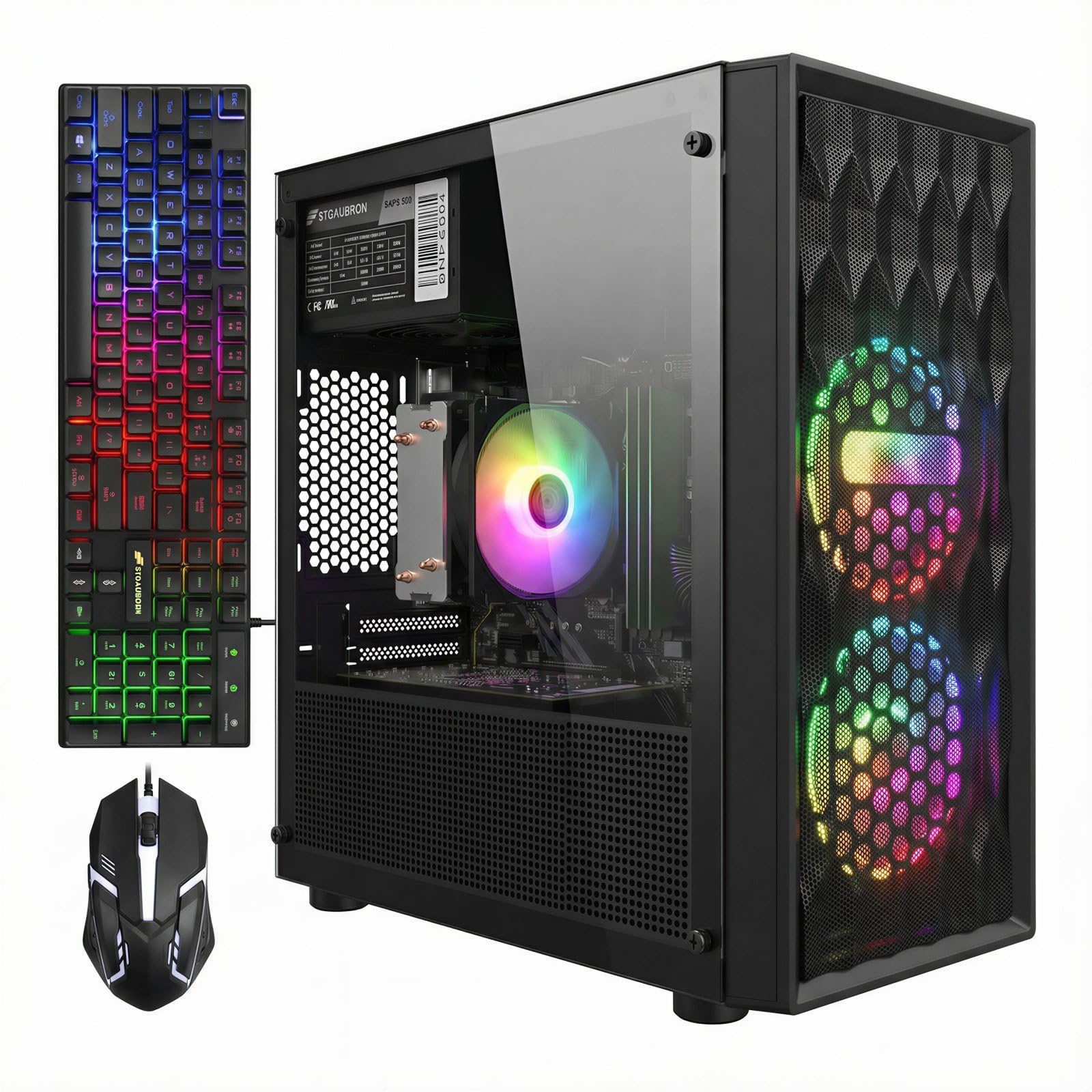 STGAubron Gaming PC Desktop, Intel i7 Xeon E5 3.0GHz, Radeon RX 550 4G, 16GB RAM, 512GB SSD, WiFi, BT 5.0, RGB Fan x 3, Windows 11 Home