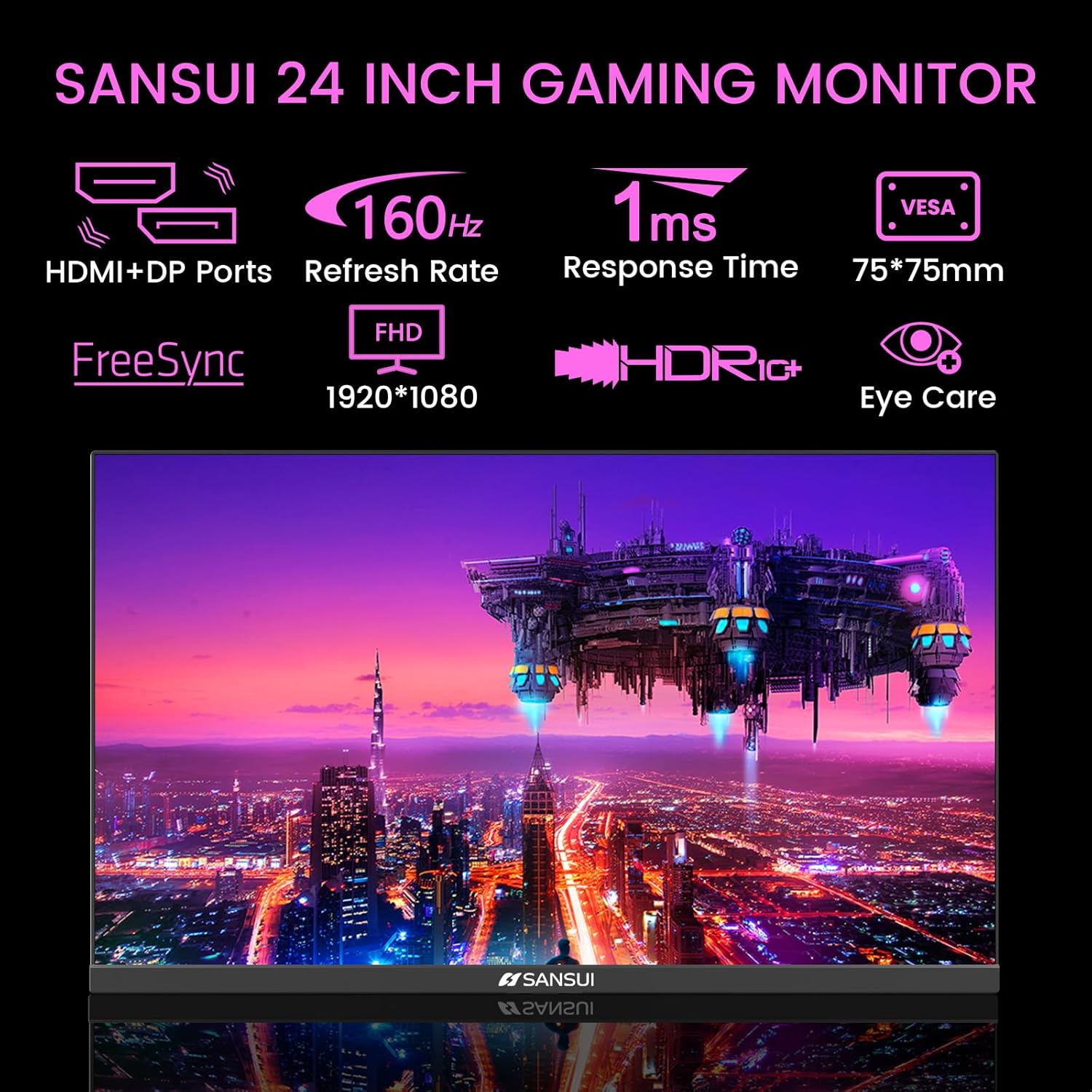 SANSUI 24 Inch Gaming Monitor 160Hz FHD 1080P Computer Monitor, FreeSync 1ms 4000:1 Contrast, HDMI DP Ports VESA Support Eye Care Monitor for Gaming Office (HDMI Cable Included ES-G24F4M)