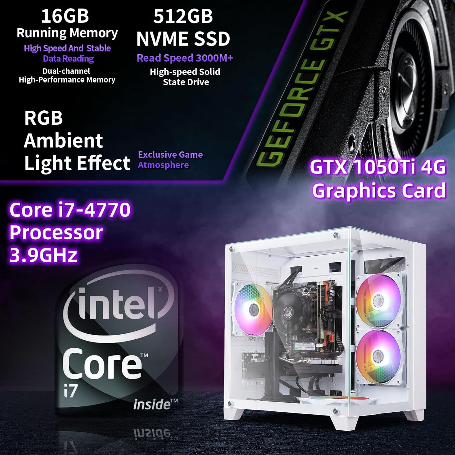 Gaming PC Desktop Computer, Intel Core I7 up to 3.9GHz, GTX 1050Ti 4G GDDR5, 16G RAM, 512GB SSD, WiFi 5.0, Prebuilt Gaming PC Tower Computer with 5 RGB Fan