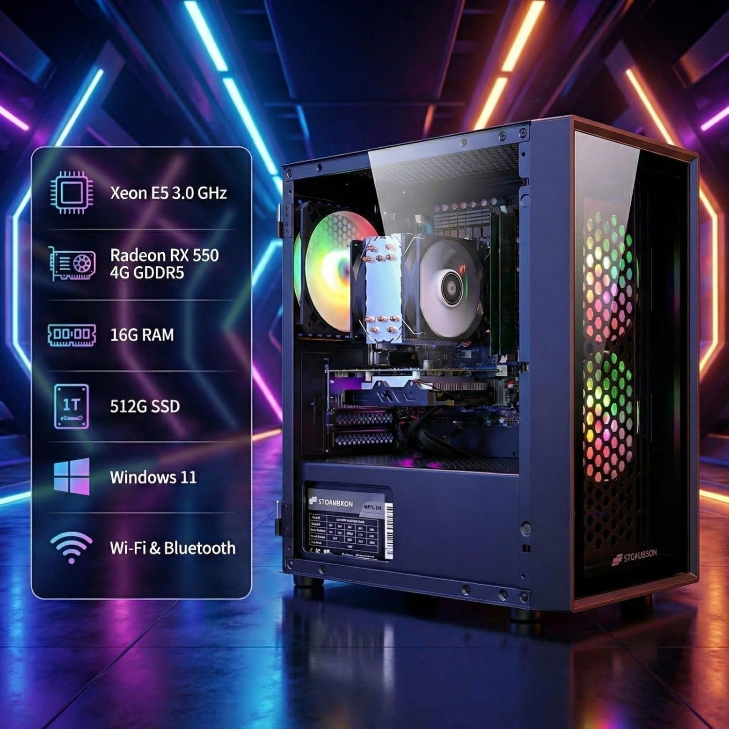 STGAubron Gaming PC Desktop, Intel i7 Xeon E5 3.0GHz, Radeon RX 550 4G, 16GB RAM, 512GB SSD, WiFi, BT 5.0, RGB Fan x 3, Windows 11 Home