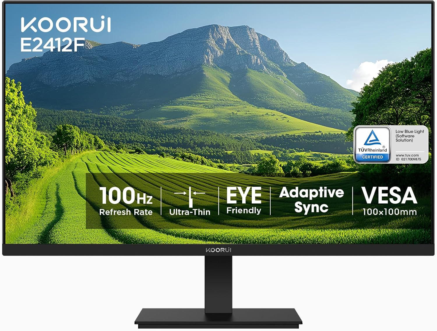 KOORUI 24-inch Computer Monitor Full HD 1920 x 1080p 100Hz VA Display 4000:1 Contrast Ratio with HDMI VGA, TÜV Rheinland Certified, 100 x 100 mm VESA Mountable, Ultra-Slim Design, Tilt, Black, E2412F
