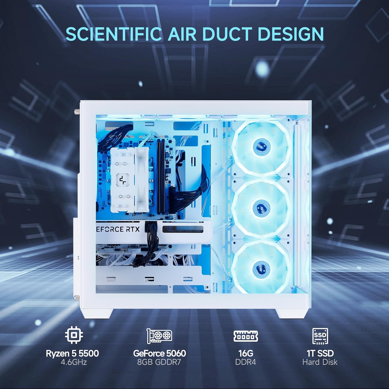 MLOONG Gaming PC Desktop for Gamers & Streamers，AMD Ryzen 5 5500 up to 4.2GHz, GeForce RTX 5060 8GB GDDR6, 1TB NVMe SSD, 16GB DDR4 RAM, 650W 80+ Bronze PSU, Wi-Fi, Windows 11 Home