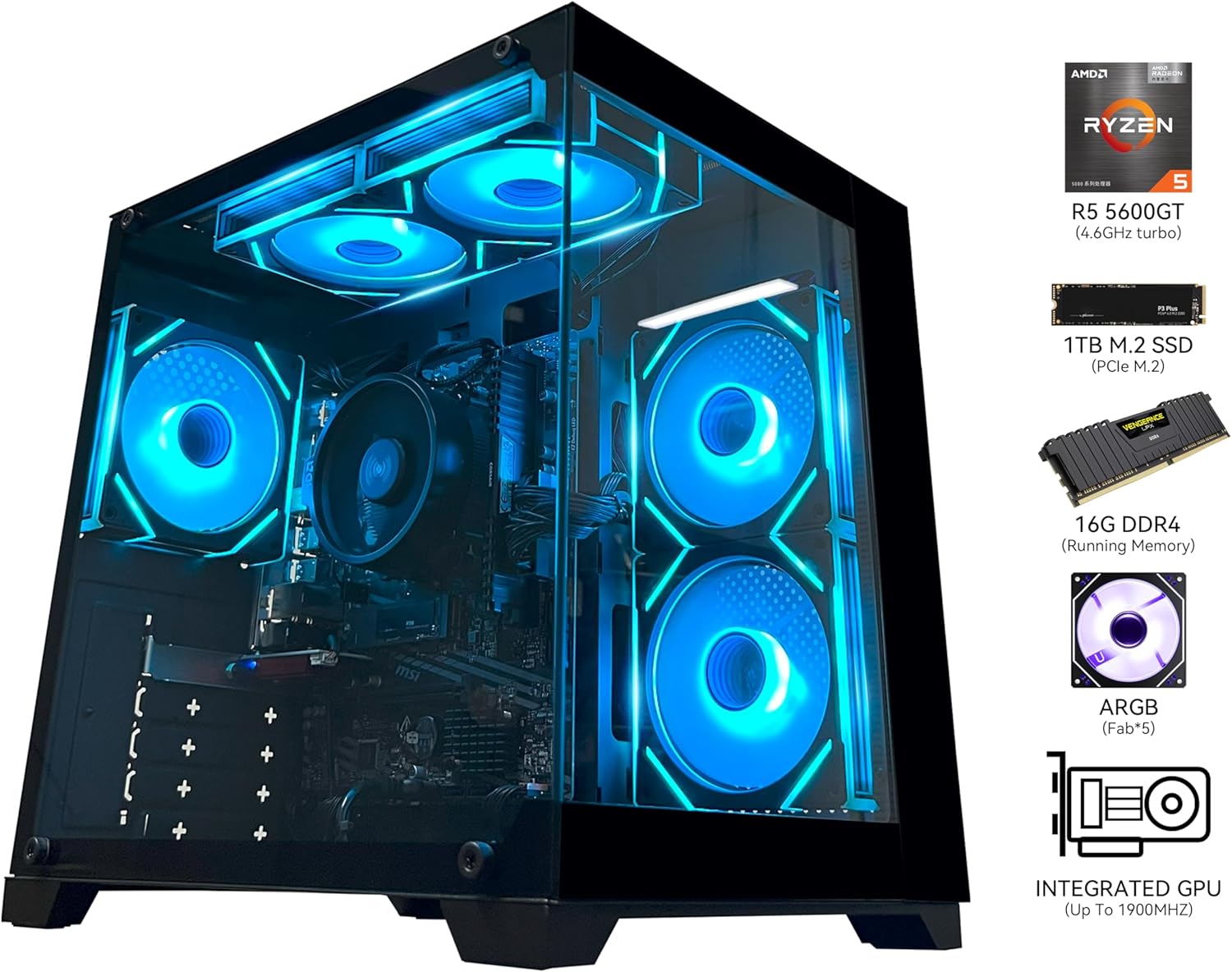 YAWYORE Gaming PC Desktop Computer AMD Ryzen 5 5600GT,16GB DDR4 3200MHz,1TB M.2 NVMe PCle,550W 80PLUS PSU,WiFi,Game Design Office Console,Sea View Room, Towers PC (Black)