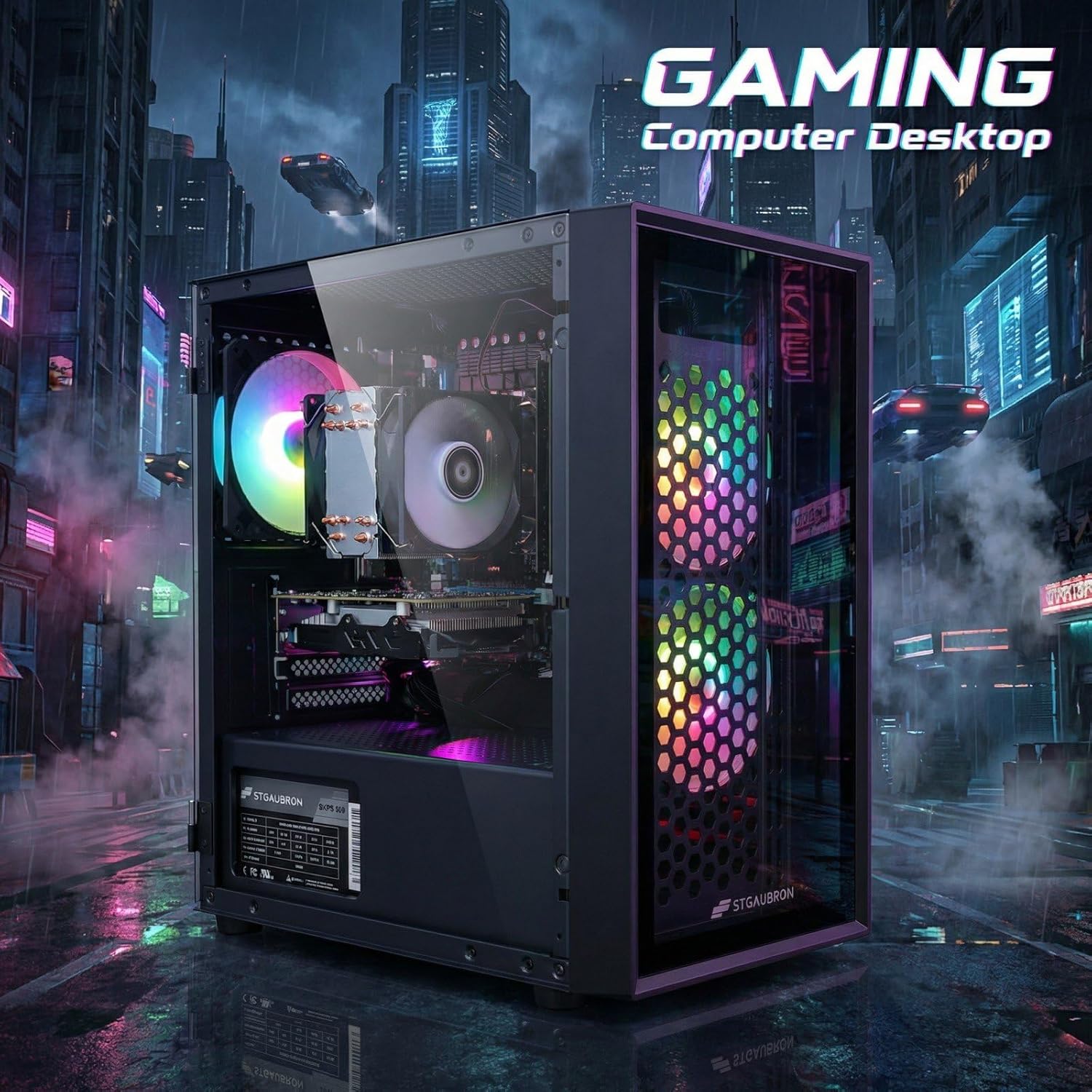 STGAubron Gaming PC Desktop, Intel i7 Xeon E5 3.0GHz, Radeon RX 550 4G, 16GB RAM, 512GB SSD, WiFi, BT 5.0, RGB Fan x 3, Windows 11 Home